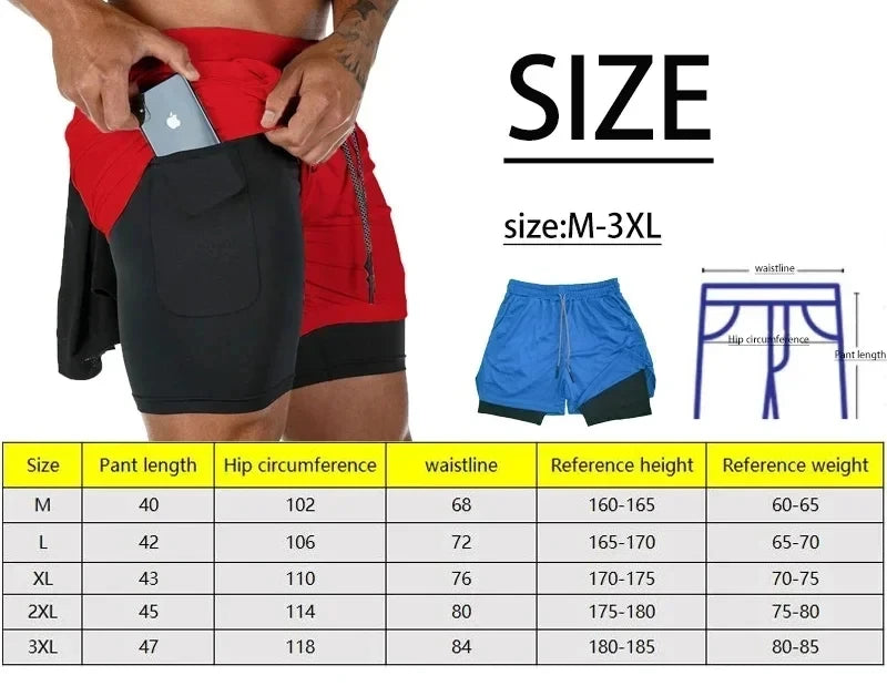 Men's Two-in-one Sports Shorts Breathable Casual Quick-drying Double-layer Shorts Summer Running Sportswear Bottoms M-3XL