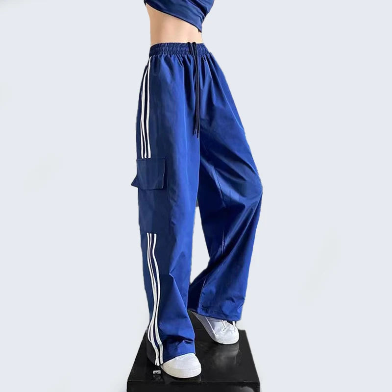 Jmprs Striped Women Cargo Pants American Style High Waist Fashion Y2K Streetwear Loose Wide Leg Pants Female Hip Hop Sweatpants