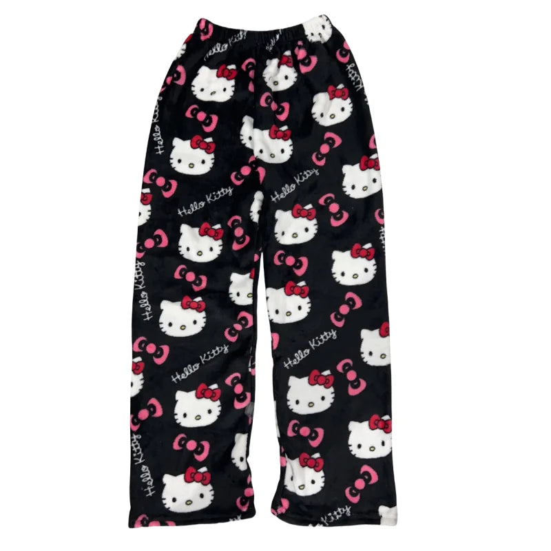 Kawaii Hello Kitty Pajamas Black Anime Flannel Women Warm Woolen Whitecartoon Casual Home Pants Autumn Fashion Trousers Gifts