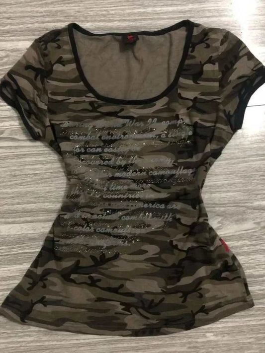 American Vintage Camouflage T-shirt Femme Letter Printing Hot Diamond Y2K Aesthetic Style Slim Fit Short Sleeve Tees 2025 Summer