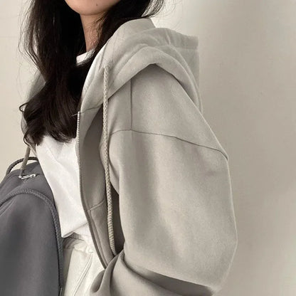 2023 Autumn/Winter New Fleece-Lined Versatile Fashion Cropped Slim Zippered Warm Solid Color Hooded Sweatshirt For Women