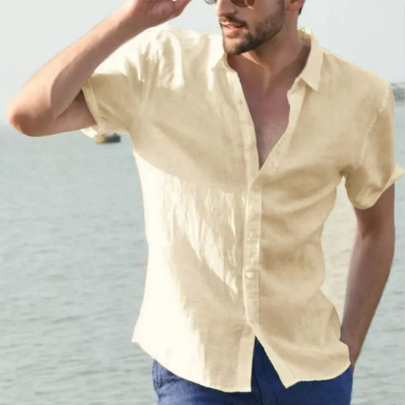 Summer Cotton Linen Shirts For Men Casual Short Sleeved Shirts Blouses Solid Turn-Down Collar Formal Beach Shirts Male Clothing