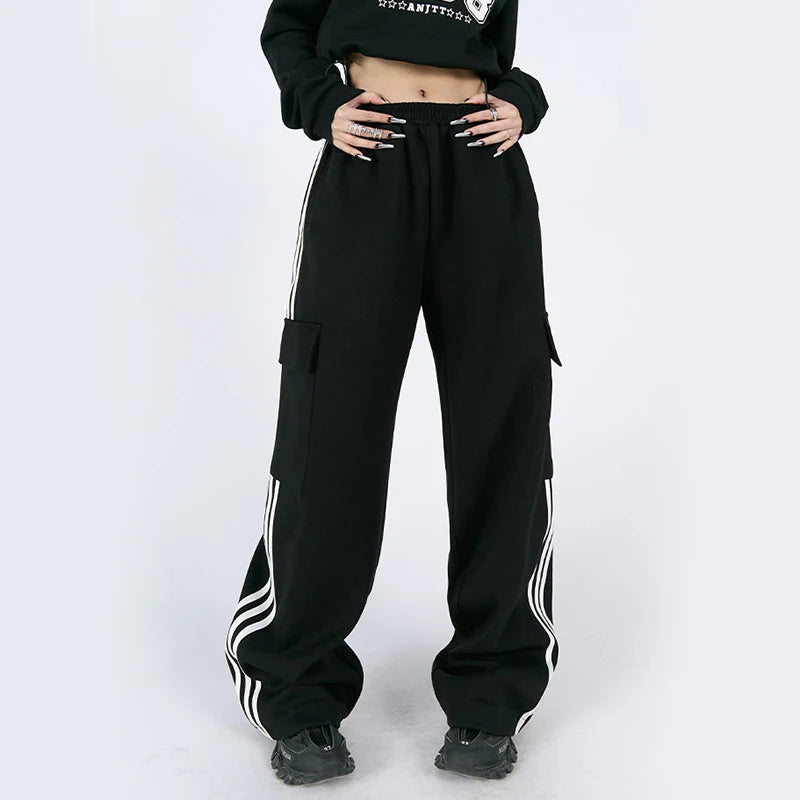 Jmprs Striped Women Cargo Pants American Style High Waist Fashion Y2K Streetwear Loose Wide Leg Pants Female Hip Hop Sweatpants