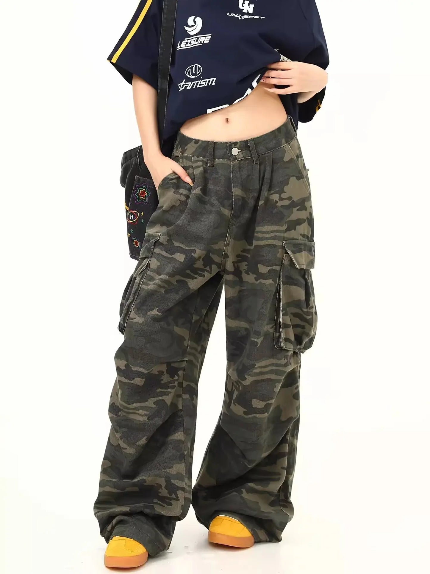 Camouflage Jeans Women Y2K Hip Hop Vintage High Waisted Jeans Straight Streetwear Casual Loose Large Size Wide Leg Denim Pants