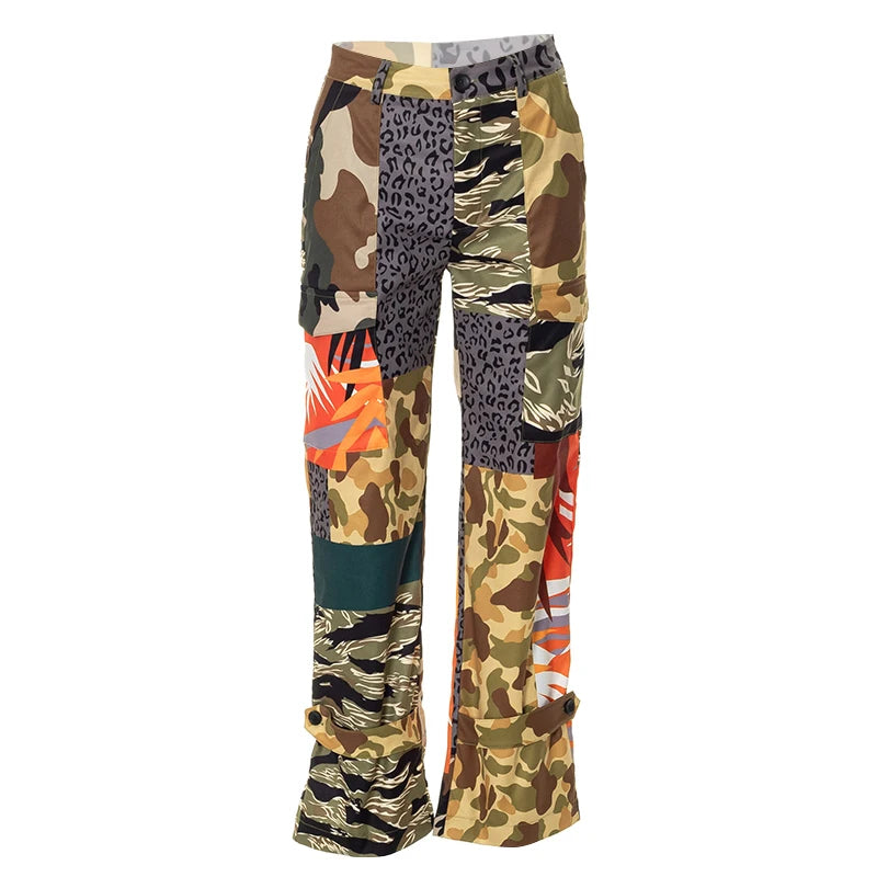 Puss Camouflage Cargo Pants Y2K New Women Pocket Zipper High Waist Patchwork Casual Trousers street hipster wild bottoms