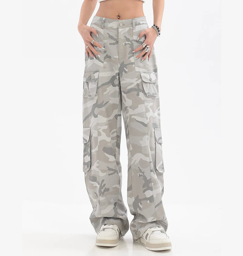 Female Hip Hop Grey Camouflage Cargo Pants American Style Y2K Oversized Loose Straight Wide Leg Pants Vintage Casual Sweatpants