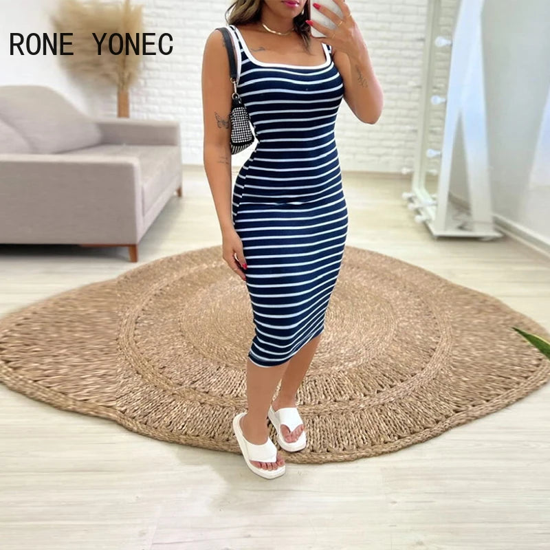 2024 Women Casual Tank Striped Pattern Sleeveless Midi Skinny Sexy Dress