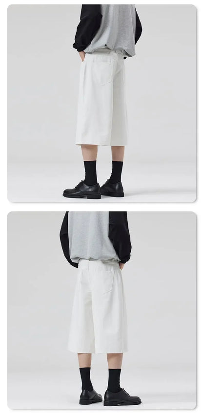 100% Cotton White Jeans Summer Men's Shorts Baggy Wide-leg Casual Calf-length Denim Pants Oversized Loose Fashion Streetwear