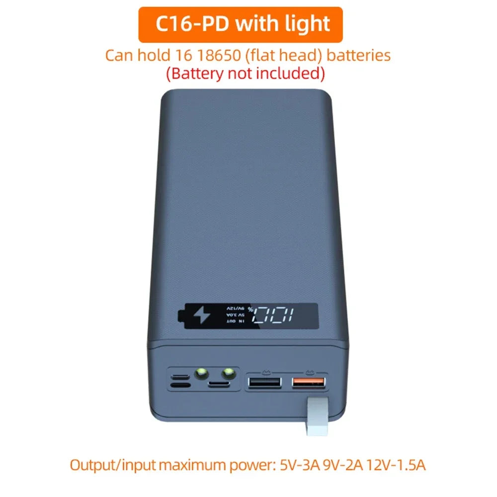 Portable Power Bank Case 16*18650 C16 USB Welding Free Power Bank Case Detachable QC 3.0 PD DIY Shell Housing For Powerbank