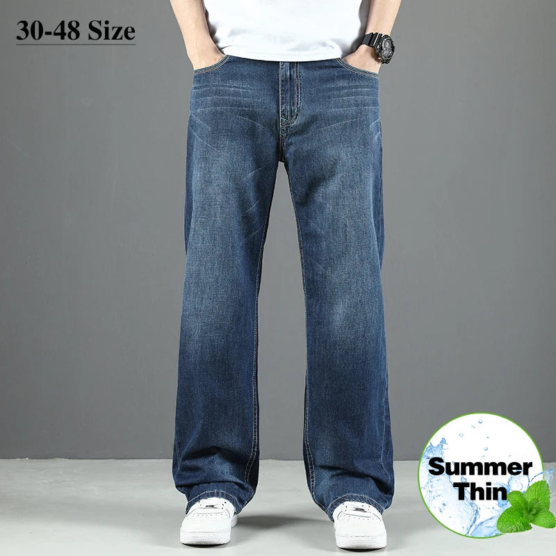 100% Cotton Men's Summer Thin Jeans Classic Straight Baggy Denim Pants Brand Comfortable Casual Trousers Plus Size 42 44 46 48