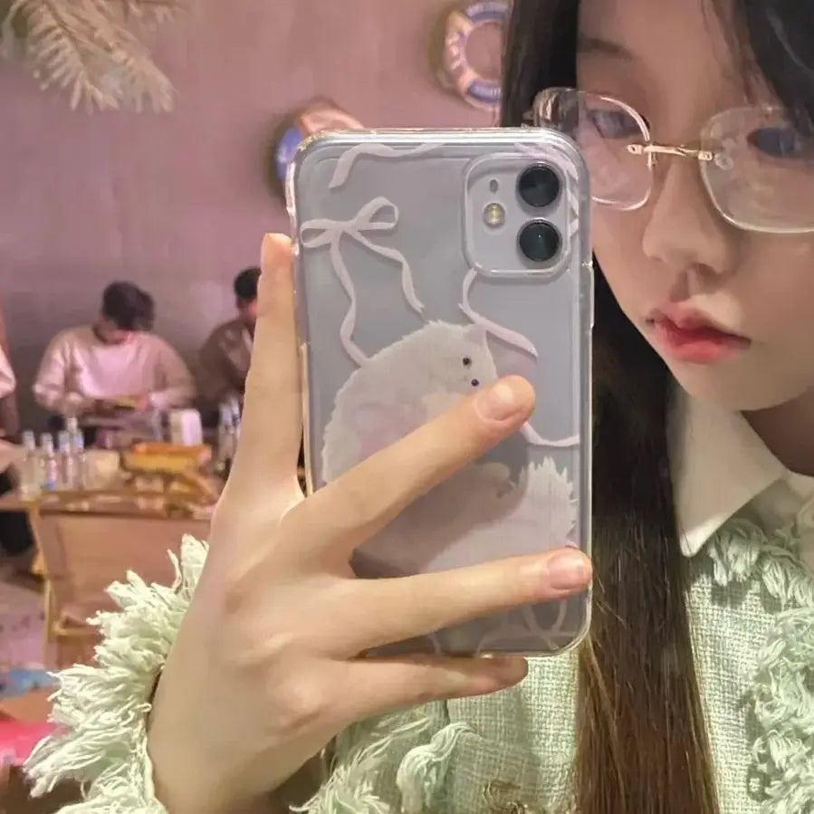 Kawaii Cat Pink Bow Phone Case  Korean INS Retro Geometric For iPhone 16 15 14 13 12 11 Pro Max XR XS Max 78 Plus MINI Y2K Cover