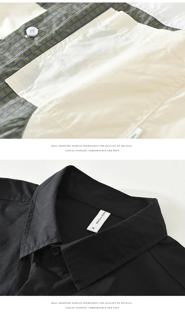 100% Cotton New White Shirt Men Spring Fall Daily Casual Long Sleeve Shirt Man Patchwork Design Shirt Streetwear Fashion Shirts