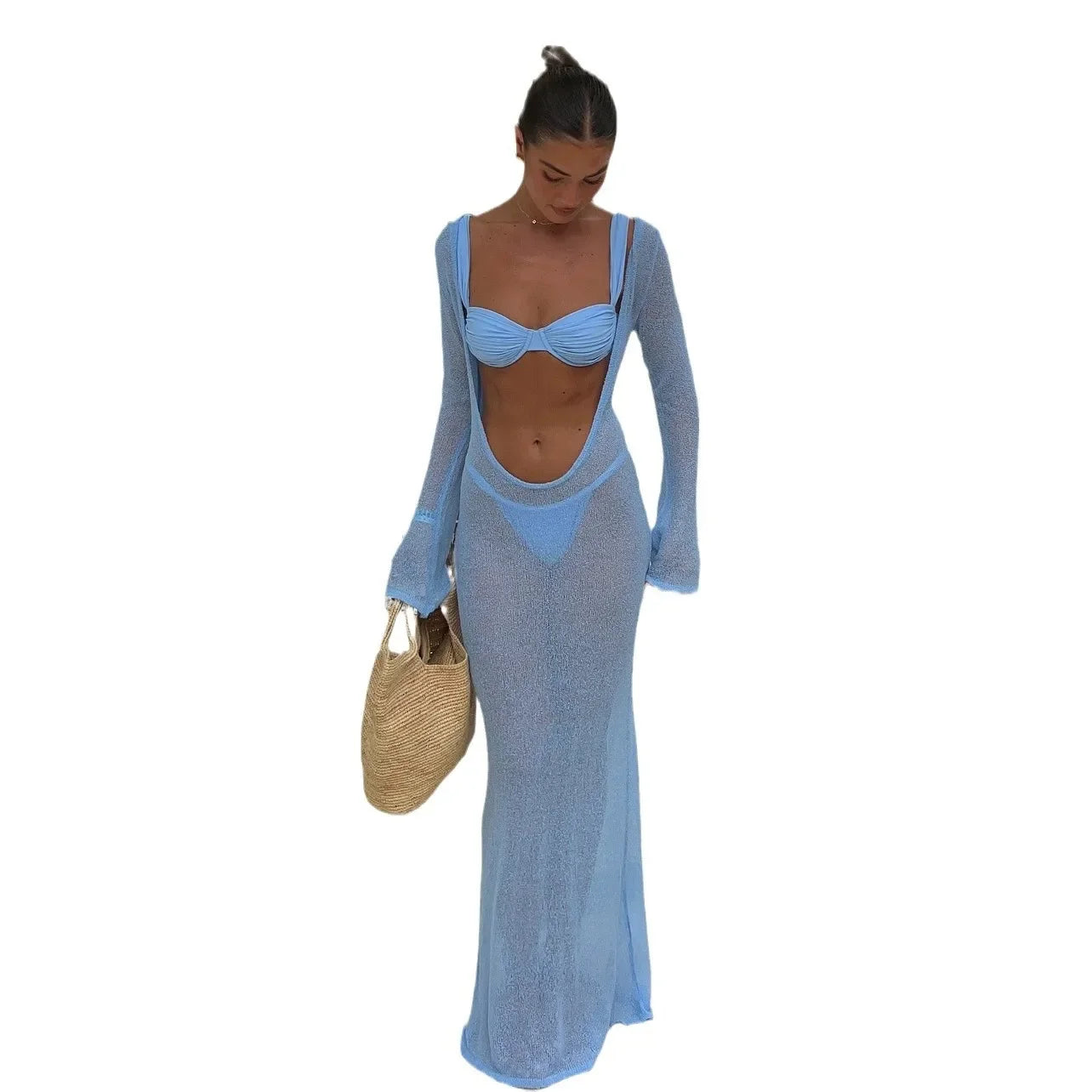 Sexy Transparent Open-Back Knit Dress Two-Way Wear Long Dress For Women Beach Vacation Spring Summer 2025 New Arrival