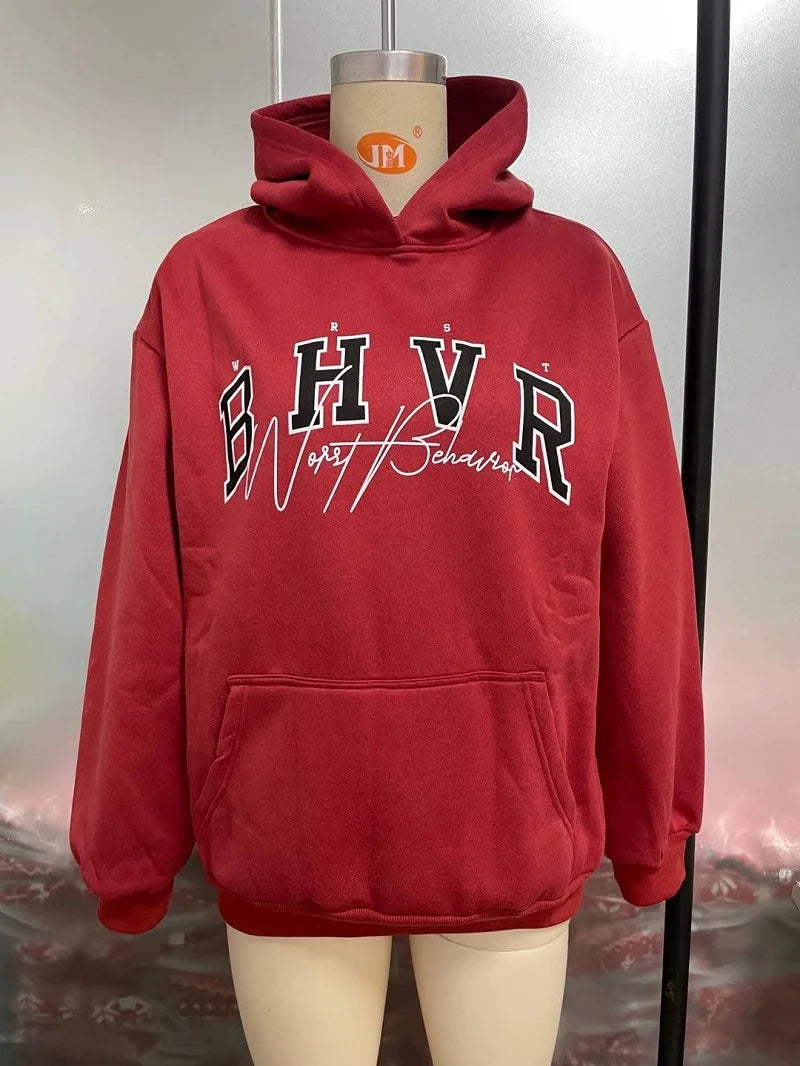 Harajuku Fashion Casual Women's Hoodie Autumn Winter Bhvr Game Letter Printing Plus Fleece Warm Long Sleeve Y2k Pullover Hoodie