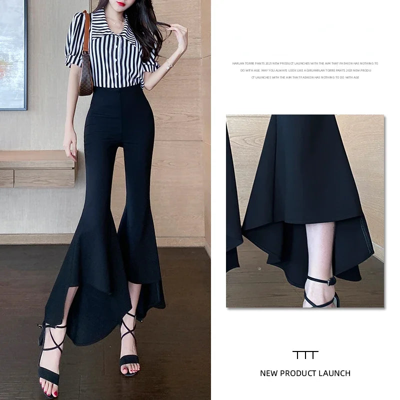 Chic Ladies Wear Fit Bell-bottoms Cropped Pants Women OL High Waist Zipper Fly Trousers Female Streetwear Clothes Vy7500