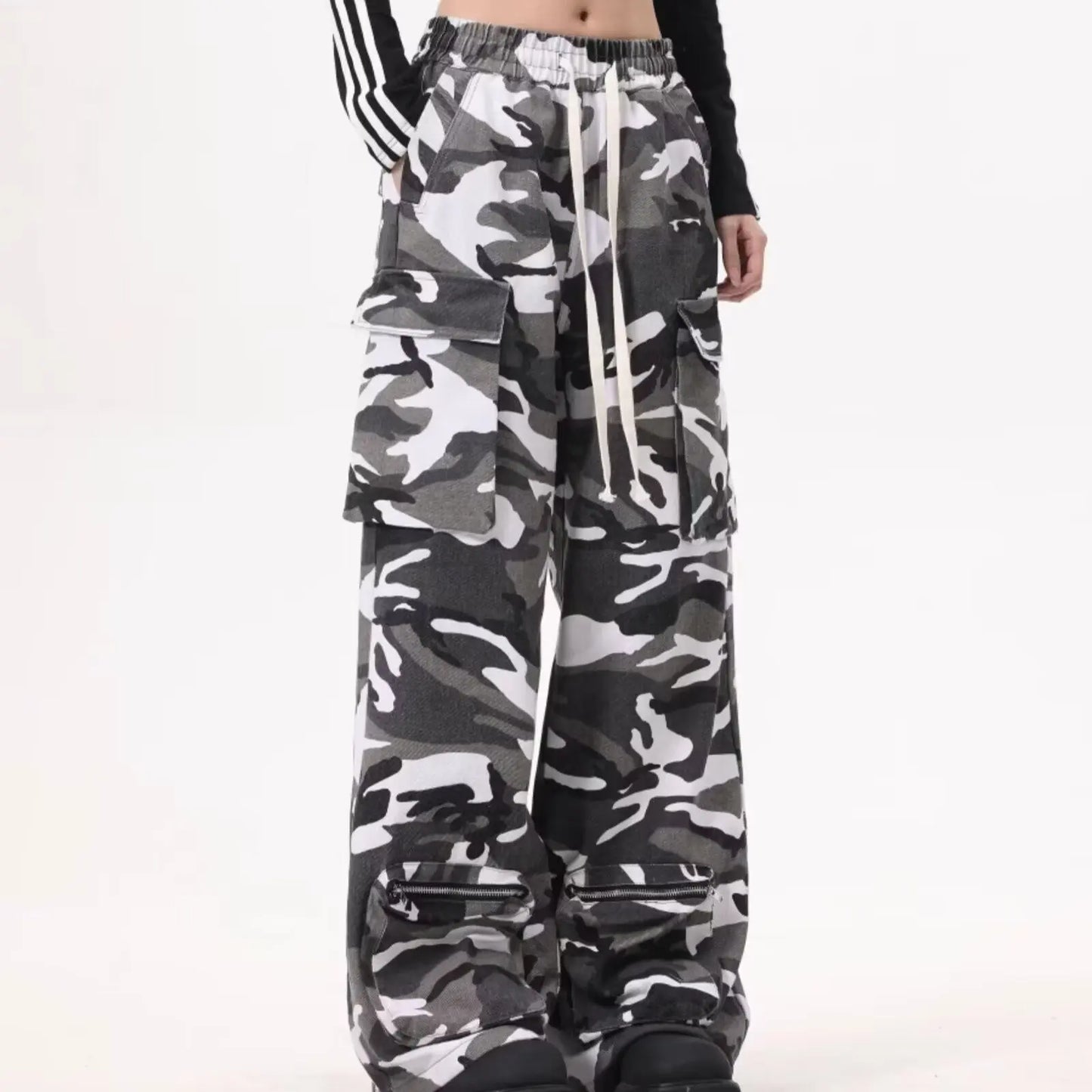 Y2k Baggy Cargo Pants For Women Camo Print Pants Streetwear Hip Hop Joggers Sweatpants Drawstring Casual Loose Wide Leg Trousers