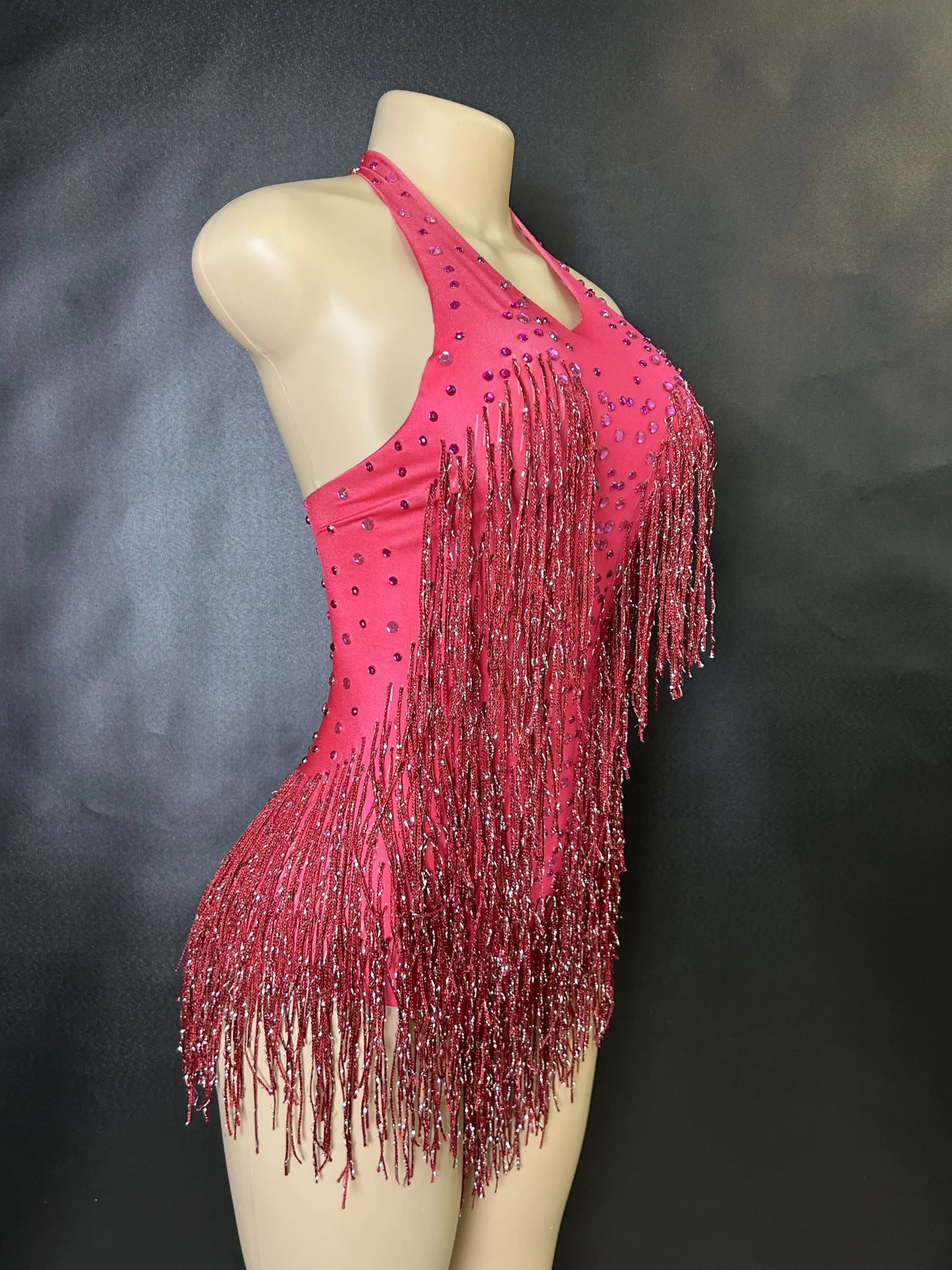 Sparkly Rhinestones Fringe Bodysuit WomenVightclub Party Dance Costume Stage Wear SexyTassel Leotard Performance Clothing 7G