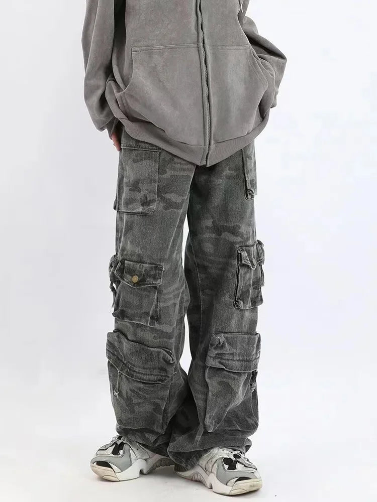 2023 American style retro street camouflage overalls women's hip-hop fried street wide-leg casual pants high street ins tide Y2K