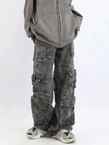 2023 American style retro street camouflage overalls women's hip-hop fried street wide-leg casual pants high street ins tide Y2K