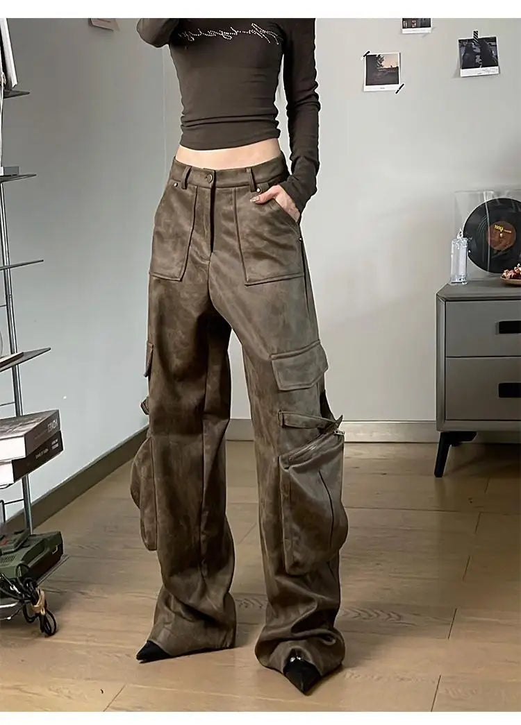 Deeptown Y2k Baggy Leather Cargo Pants Women America High Street Casual Trashy Wide Leg Trousers 2000s Harajuku Pantalones