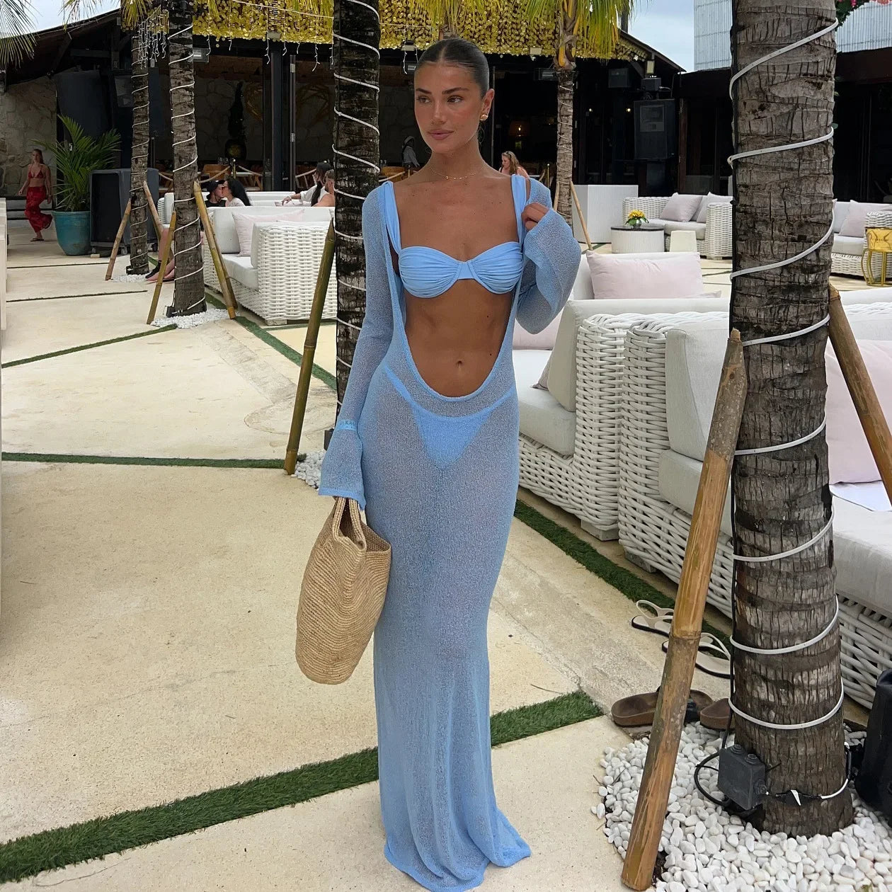 Sexy Transparent Open-Back Knit Dress Two-Way Wear Long Dress For Women Beach Vacation Spring Summer 2025 New Arrival