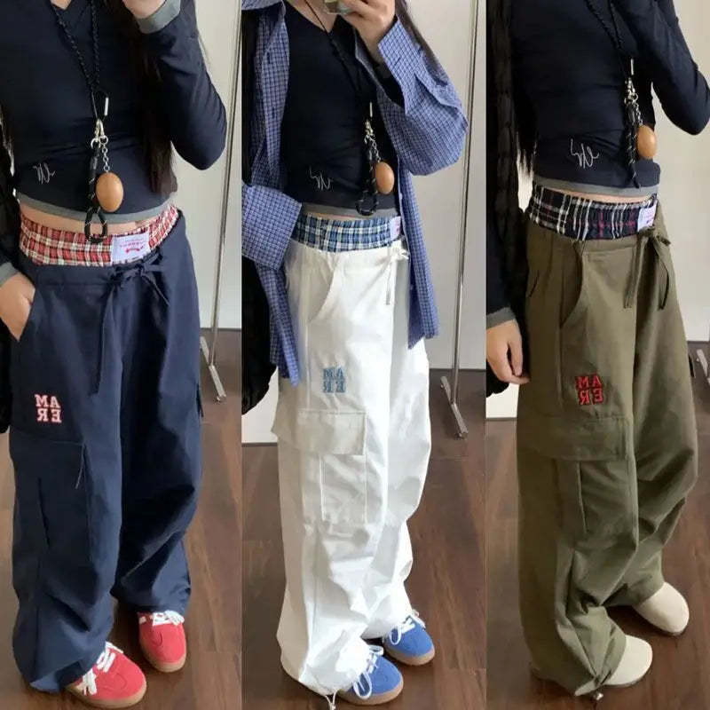 HOUZHOU Vintage Y2k Cargo Pants Women Baggy Embroidery Plaid Patchwork Trousers Slacks High Street Harajuku Wide Leg Sweatpants