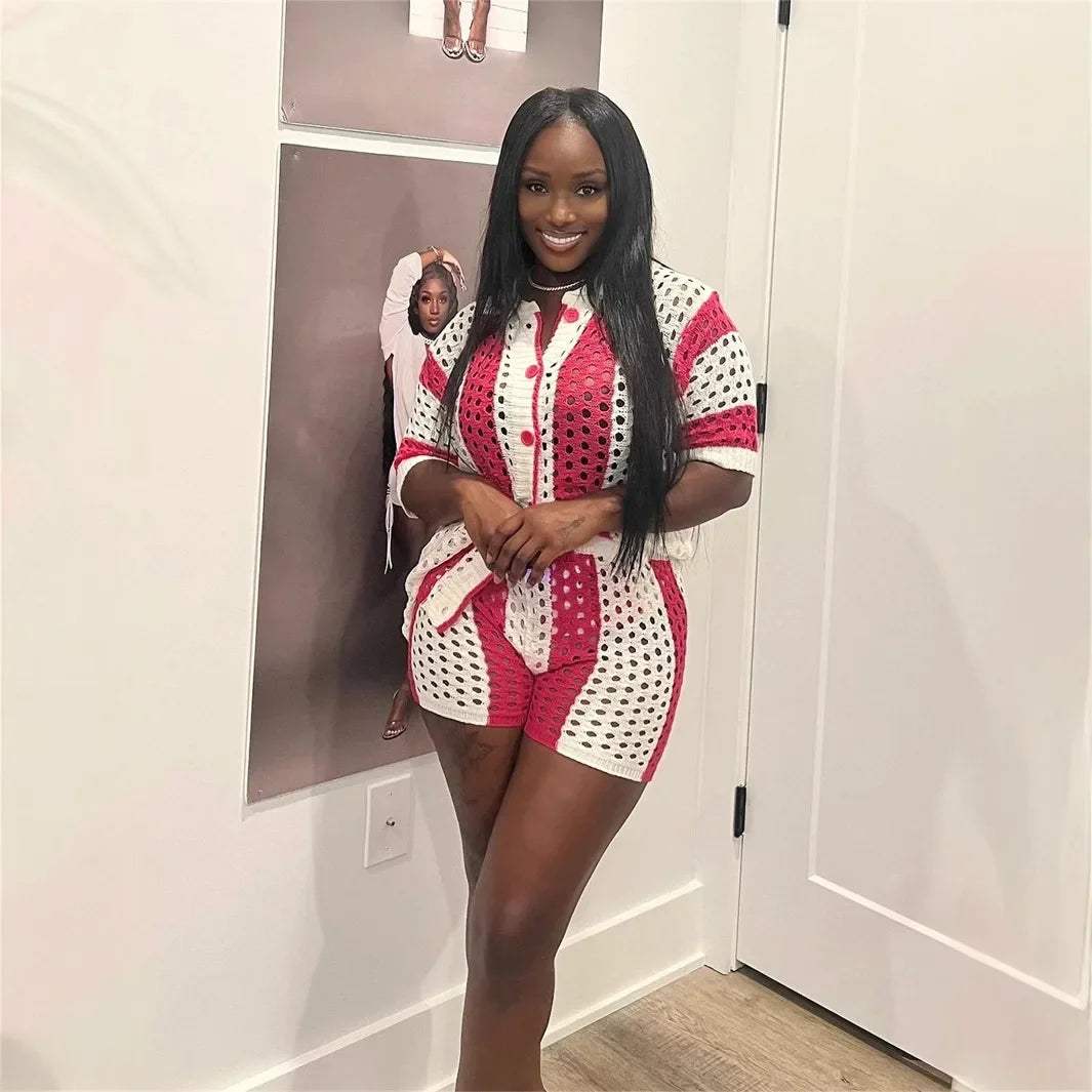 2024 Autumn Fashionable Striped Casual Loose-Fit Short Sleeve Lapel Top Short Skirt Set European American Cross-Border Style