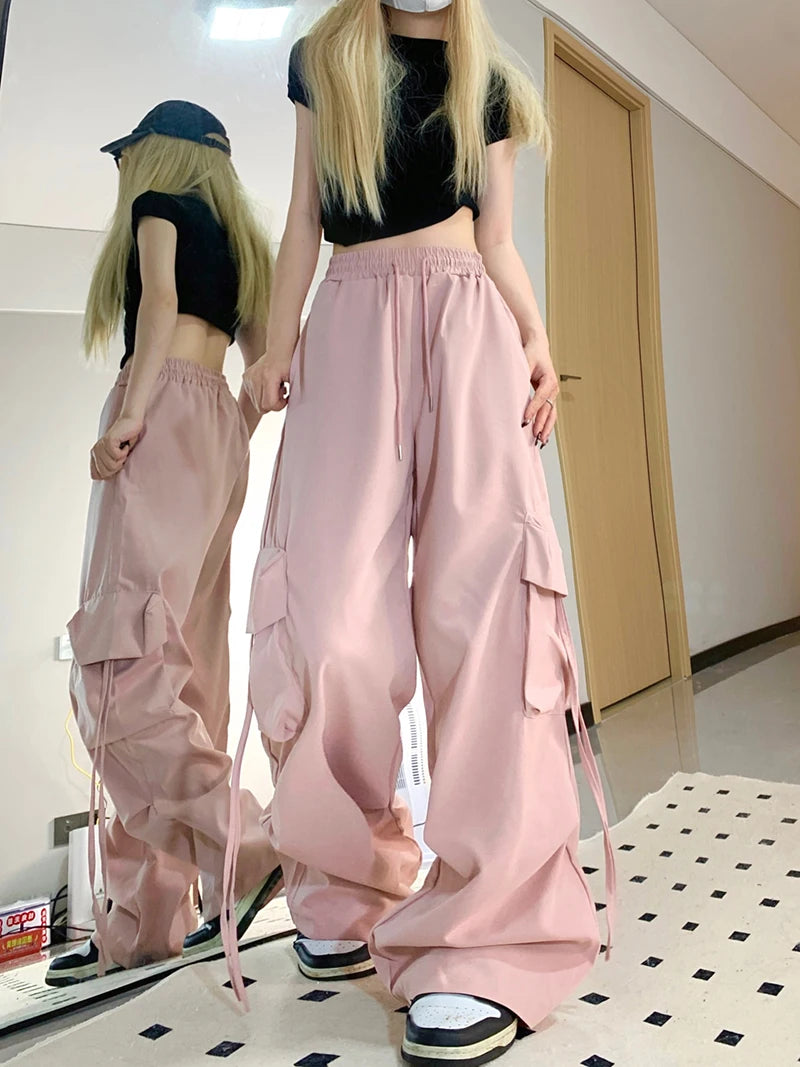 Zoki Pink Streetwear Cargo Pants Women Loose Harajuku Y2K Straight Trousers American Retro Hip Hop Casual Bf Wide Leg Pants New