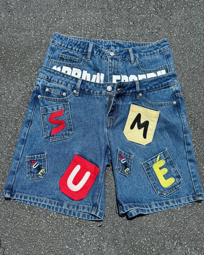 Y2K personalized fashion fake two-piece distressed denim shorts summer men's loose casual straight trendy five-point pants