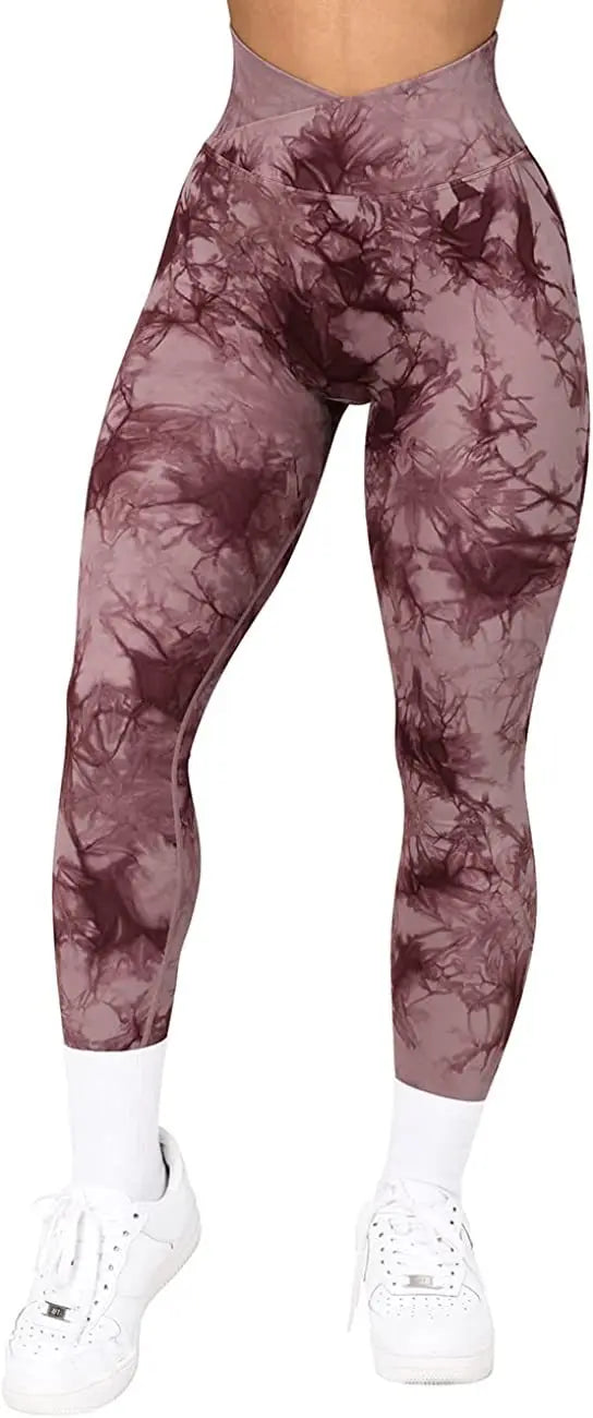 Women Cross Waist Leggings Seamless Tie Dye Leggings High Waist Hip Liftting Gym Workout Running Fashion High Elastic Knit Pants