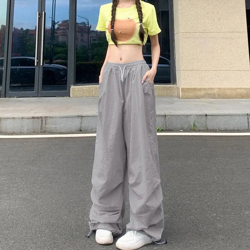 Rimocy High Waist Summer Cargo Pants Women Streetwear Drawstring Thin Parachute Pants Woman Solid Color Wide Leg Y2k Trouses