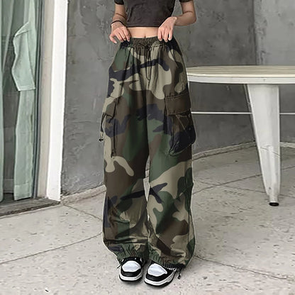 Womens Baggy Cargo Camo Print Pants Streetwear Hip Hop Joggers Sweatpants Drawstring Casual Loose Wide Leg Womens Sports Pants