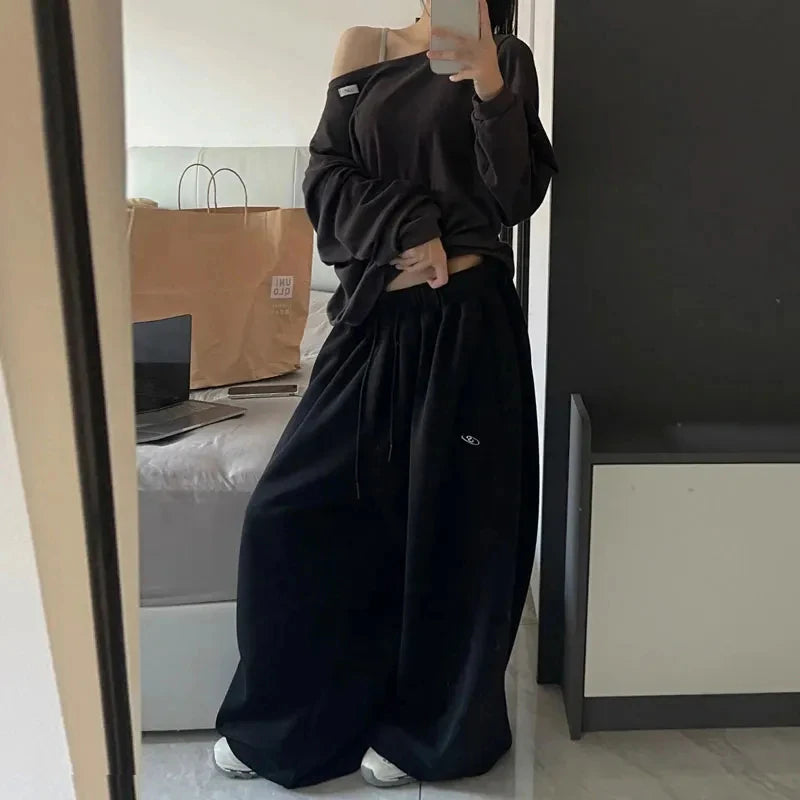 Oversize Cotton Woman Black Sweatpants Y2K Korean Streetwear Loose Casual Jogger Pants High Waist All Match Drawstring Trousers