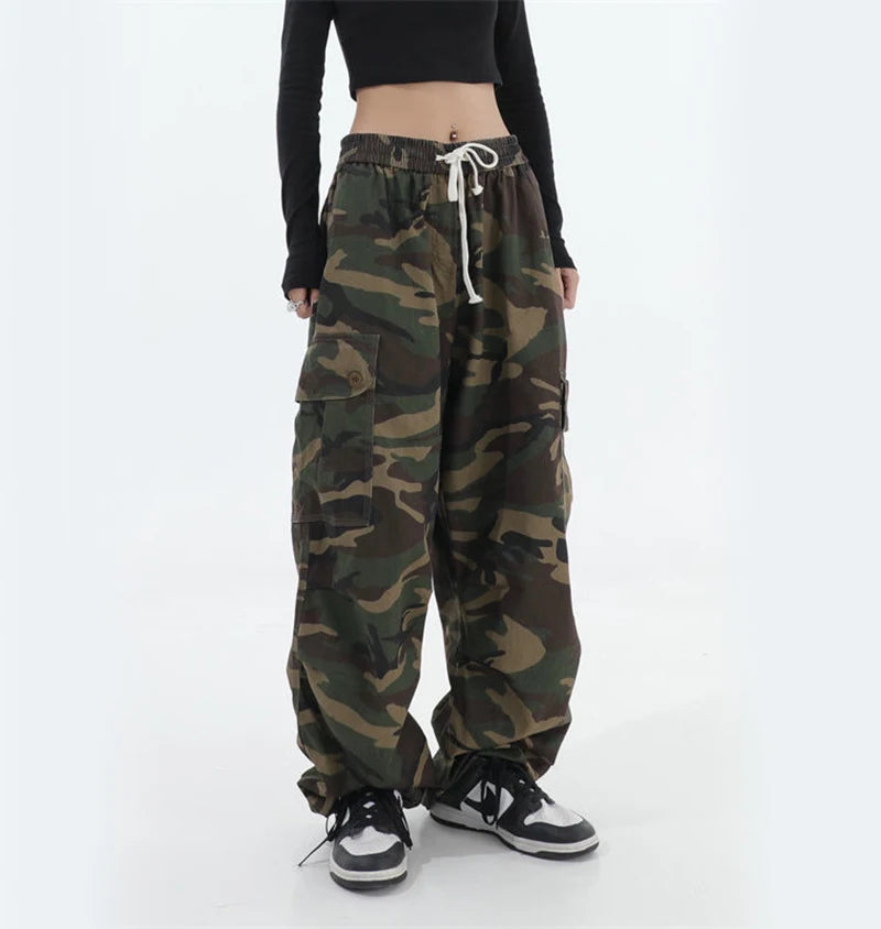100% Pure Cotton Camo Cargo Pants Women Y2K Vintage Streetwear Joggers Sweatpants Bf Oversized Loose Hip Hop Wide Leg Trousers