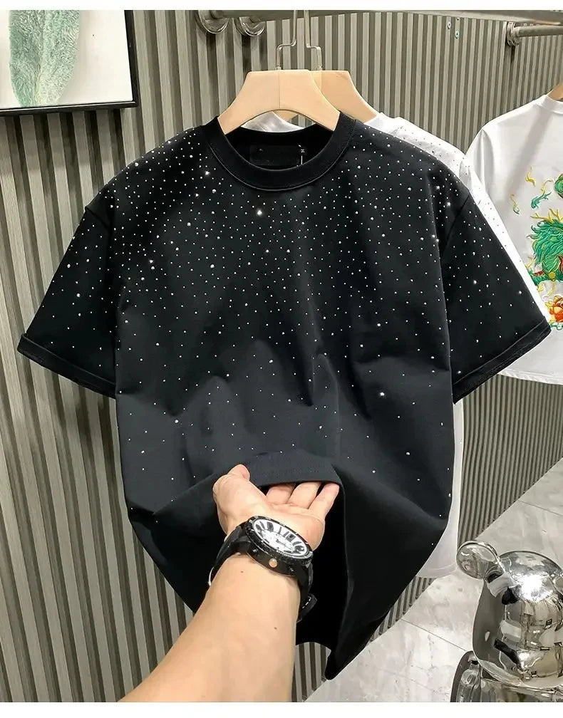 Summer Men Clothing Summer Rhinestone Rivet T-shirt Round Neck Casual T-shirt Korean Version Men's Short Sleeves Tee