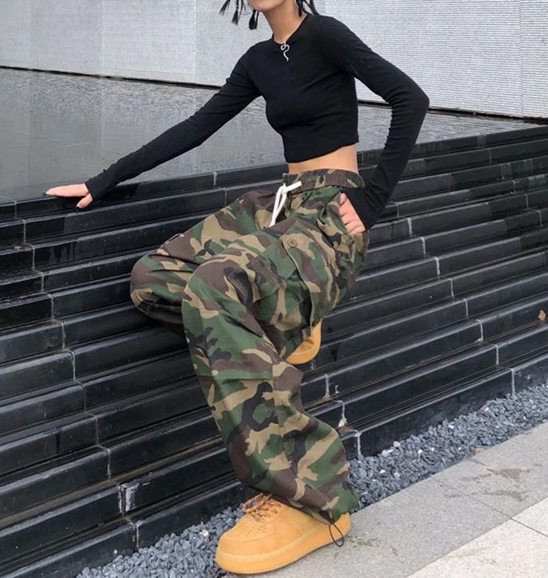 100% Pure Cotton Camo Cargo Pants Women Y2K Vintage Streetwear Joggers Sweatpants Bf Oversized Loose Hip Hop Wide Leg Trousers