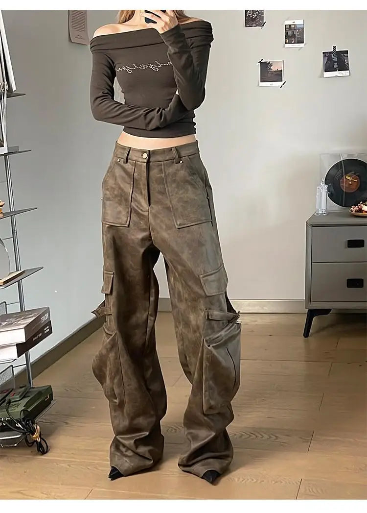 Deeptown Y2k Baggy Leather Cargo Pants Women America High Street Casual Trashy Wide Leg Trousers 2000s Harajuku Pantalones