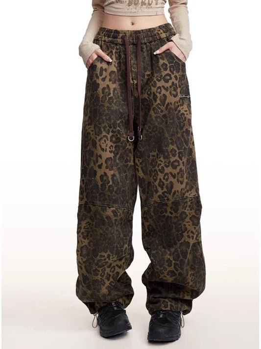 Jmprs Retro Leopard Cargo Pants Women High Waist Streetwear Y2K Trousers American Casual Loose Fall Bf Harajuku Sweatpants New