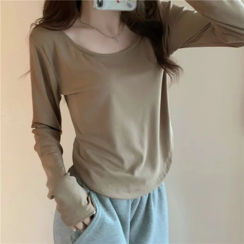 Custom LOGO Long Sleeve T-Shirt Autumn/Winter New Irregular Slim Student Top Girl Spice Base Shirt