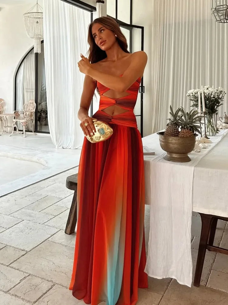 Sexy Summer Holiday Printed Strapless Hollow Out Dress Women Fashion Contrast Color Backless Robes 2025 Beach Party Vestidos