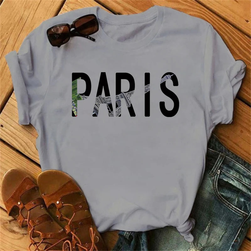 Orange crop Top Women Summer Paris Letters Print Y2k T-shirt Ladies Short Sleeved Luxury Tee Clothing Loose Pure Cotton Soft Top