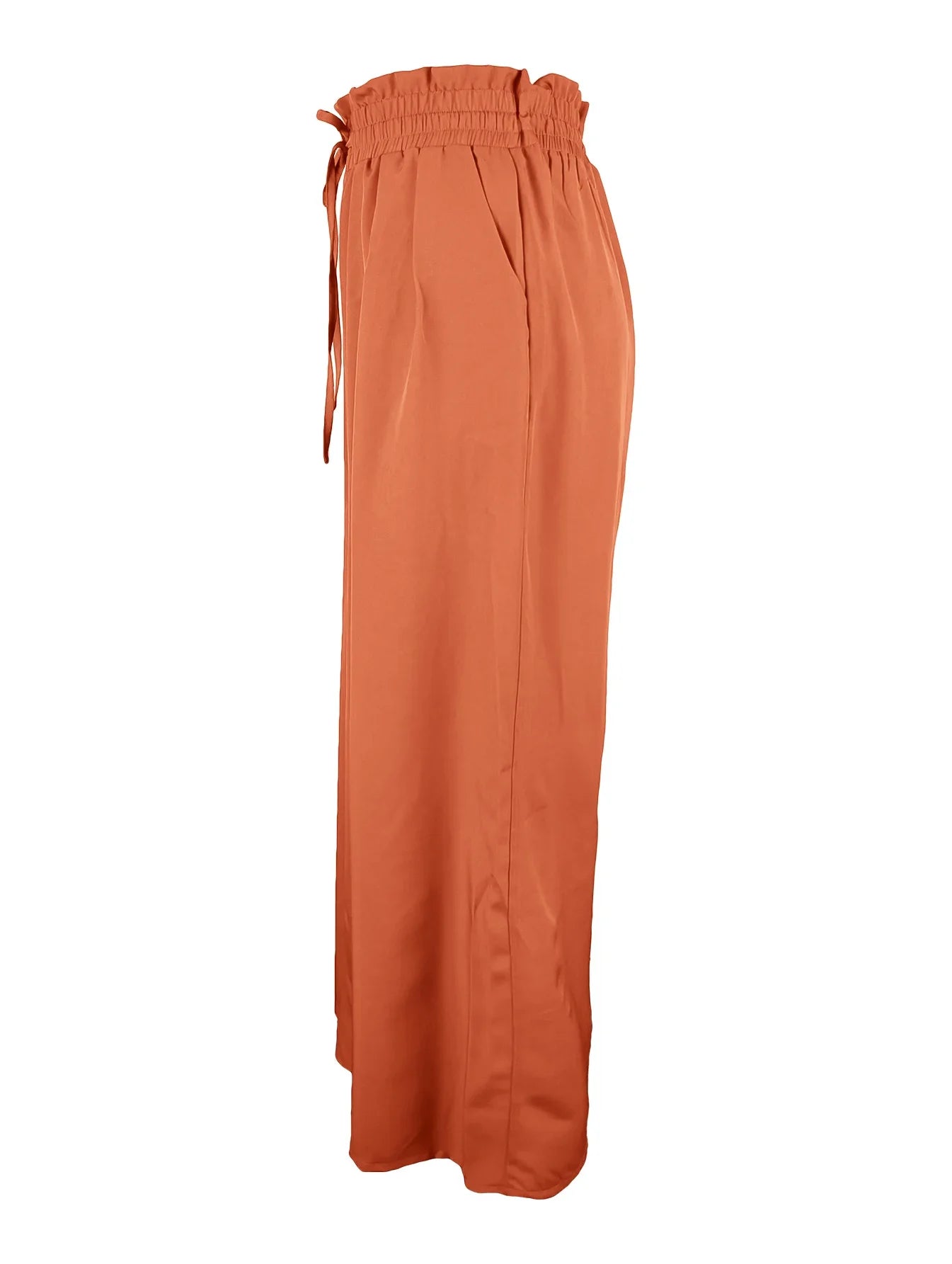 Fashionable elastic waist wide leg pants with pockets, casual solid color loose pants