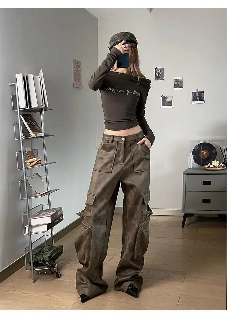 Deeptown Y2k Baggy Leather Cargo Pants Women America High Street Casual Trashy Wide Leg Trousers 2000s Harajuku Pantalones