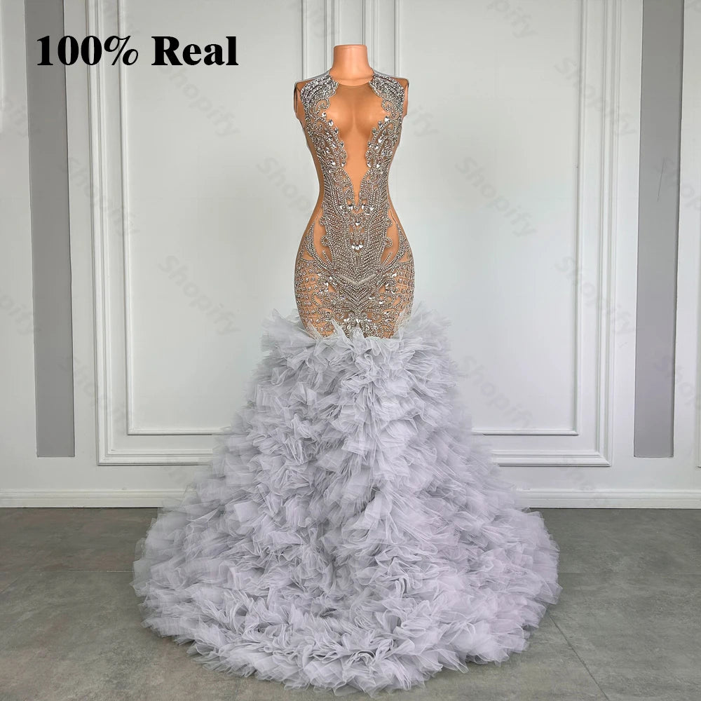 Puffy Tiered Ruffle Silver Long Prom Dress Black Girls Luxury Crystal Rhinestones See Through Mermaid Prom Gowns Customized