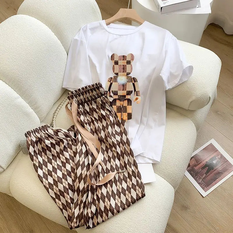 2 Piece Set for Women 2023 Summer Korean Fashion Bear Printed High Waist Wide Leg Pants Loose Short Sleeve T Shirt Women Clothes
