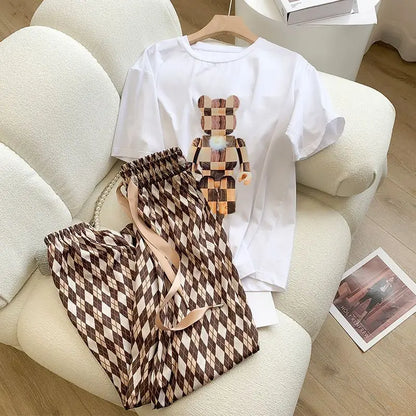 2 Piece Set for Women 2023 Summer Korean Fashion Bear Printed High Waist Wide Leg Pants Loose Short Sleeve T Shirt Women Clothes