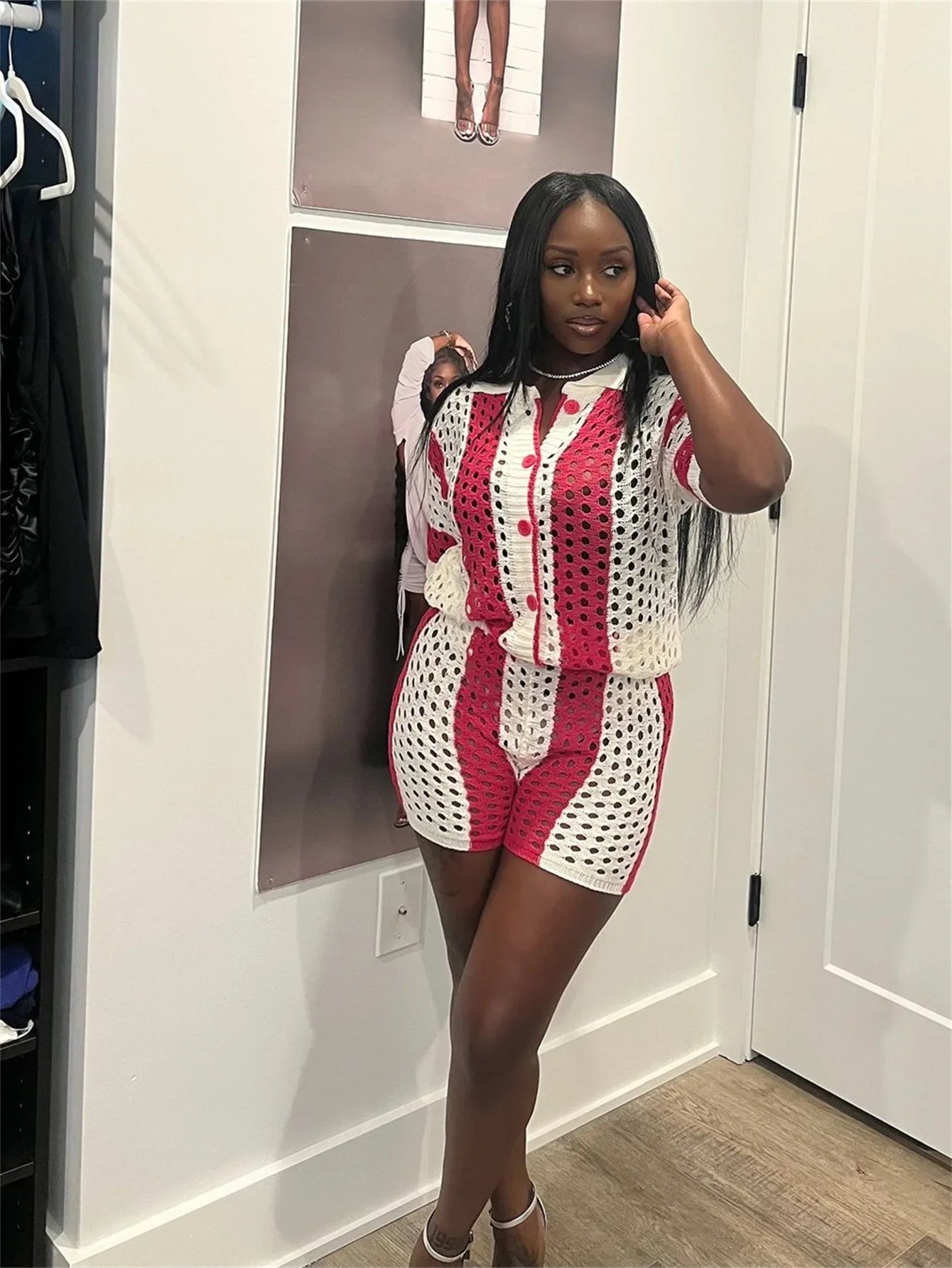 2024 Autumn Fashionable Striped Casual Loose-Fit Short Sleeve Lapel Top Short Skirt Set European American Cross-Border Style