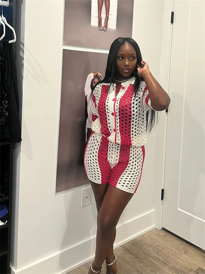 2024 Autumn Fashionable Striped Casual Loose-Fit Short Sleeve Lapel Top Short Skirt Set European American Cross-Border Style