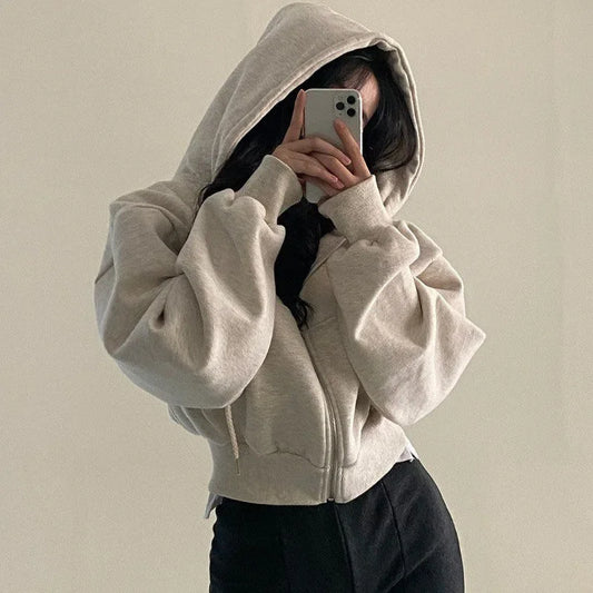 2023 Autumn/Winter New Fleece-Lined Versatile Fashion Cropped Slim Zippered Warm Solid Color Hooded Sweatshirt For Women
