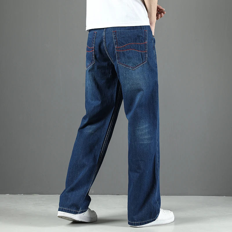 100% Cotton Men's Summer Thin Jeans Classic Straight Baggy Denim Pants Brand Comfortable Casual Trousers Plus Size 42 44 46 48